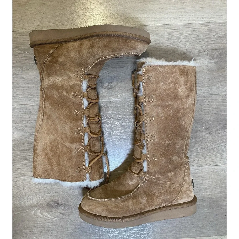 UGG Appalachin Suede Shearling Lace Up Knee High Boots Brown Women's US 7